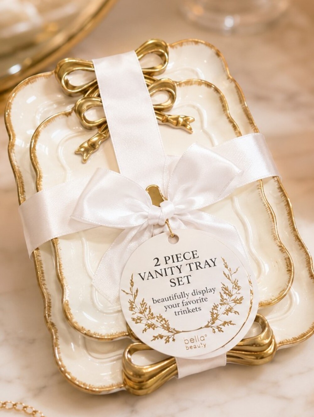 White & Gold 2-Piece Vanity Tray Set